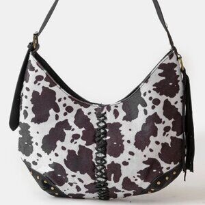Fame Cow Print Hobo Shoulder Bag with Studded Details
